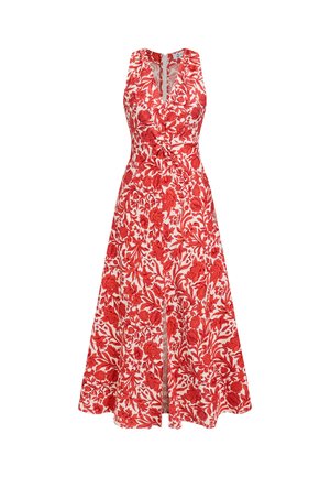 Mouwloze midi-jurk met rood bloemenpatroon, V-hals, ceintuurtje in de taille en een voorste split, op een witte achtergrond.