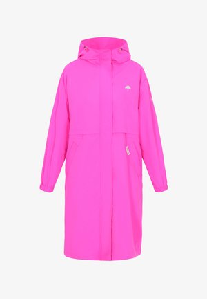 Langer, leuchtend pinker Regenmantel mit Kapuze, elastischen Bündchen und Fronttaschen. Verfügt über ein kleines, helles Logo in Brustnähe.