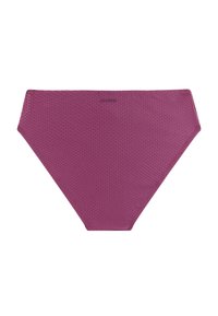 Fialové textúrované bikini nohavičky s jemným vzorom chevron a malým, stredovo umiestneným logom na pútkach opasku.