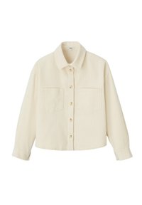 Veste chemise en velours côtelé de couleur crème avec un col, fermeture à boutons à l'avant, deux poches poitrine et manches longues. Finition en tissu texturé.