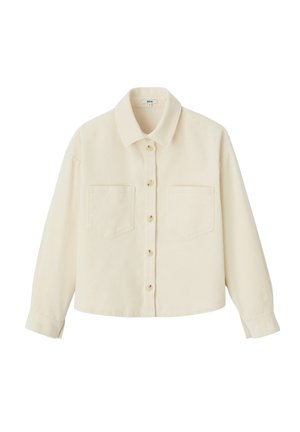 Veste chemise en velours côtelé de couleur crème avec un col, fermeture à boutons à l'avant, deux poches poitrine et manches longues. Finition en tissu texturé.