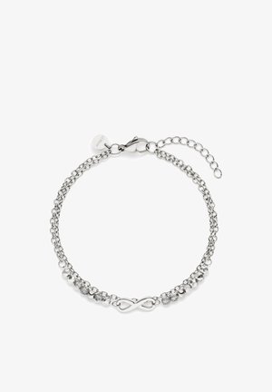 Silbernes Armband mit Kettendesign, klaren Kristallakzenten und einem Unendlichkeitssymbol als Mittelpunkt. Inklusive sicherem Verschluss und Verlängerungskette.