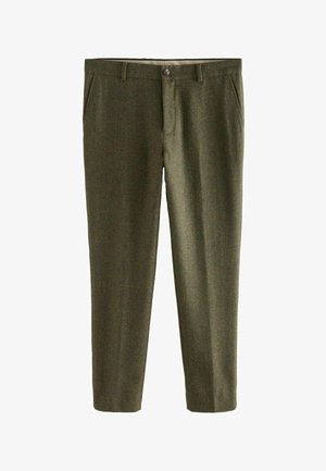 Grüne Tweed-Hosen mit einem Fischgrätmuster, mit Knopfverschluss, Gürtelschlaufen und seitlichen Taschen. Glatte Textur, taillierte Passform.