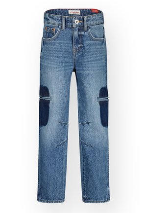 Jean en denim bleu à coupe droite, avec des poches bleu foncé, des détails usés et un design classique à cinq poches.