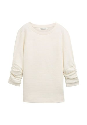 Off-white textuur lange mouwen top met gerimpelde mouwen en geribbelde manchetten, ronde halslijn en een losse pasvorm.