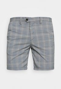 Niebieskie szorty w kratę z lekkiego materiału, z zapięciem na guzik i teksturowanym wzorem naprzemiennie ciemnych i jasnych linii.