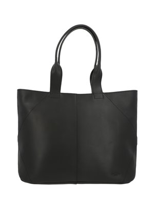 Musta nahkainen kauppakassi, jossa on kaksi tukevata kahvaa, sileä pinta, kulmikkaat saumat ja tilava suorakulmainen muoto. Ei näkyvää metalliosaa.