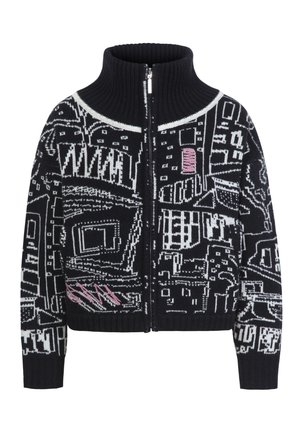 Knit zip-up cardigan with high collar. Black material featuring white and pink cityscape designs. Ribbed cuffs and hem.