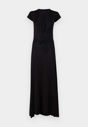 Crna maksi haljina s kratkim rukavima, koja ima otvor u obliku ključa sprijeda i podesivu uzicu u struku. Glatka, rastezljiva tkanina.