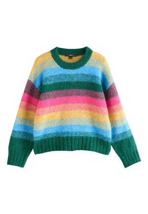 Multicolored knitted sweater with horizontal stripes in green, blue, yellow, pink, and cream. Crew neck and ribbed trim at the hem and cuffs.