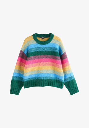 Multicolored knitted sweater with horizontal stripes in green, blue, yellow, pink, and cream. Crew neck and ribbed trim at the hem and cuffs.