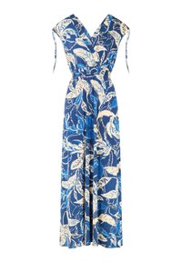 Robes maxi florales bleues avec un décolleté en V plongeant, des liens ajustables aux épaules et une taille smockée. Présente un motif de feuilles audacieux dans des tons de bleu et de crème.