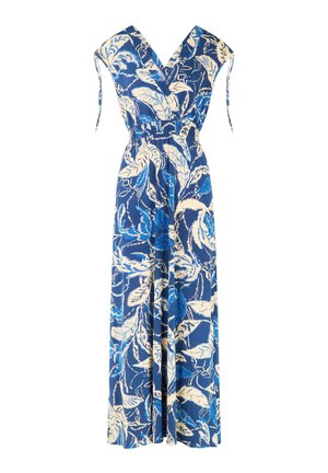Maxikleid mit blauem Blumenmuster, tiefem V-Ausschnitt, verstellbaren Trägern an den Schultern und einem gerafften Taillenbereich. Es hat ein auffälliges Blättermuster in verschiedenen Blau- und Cremetönen.