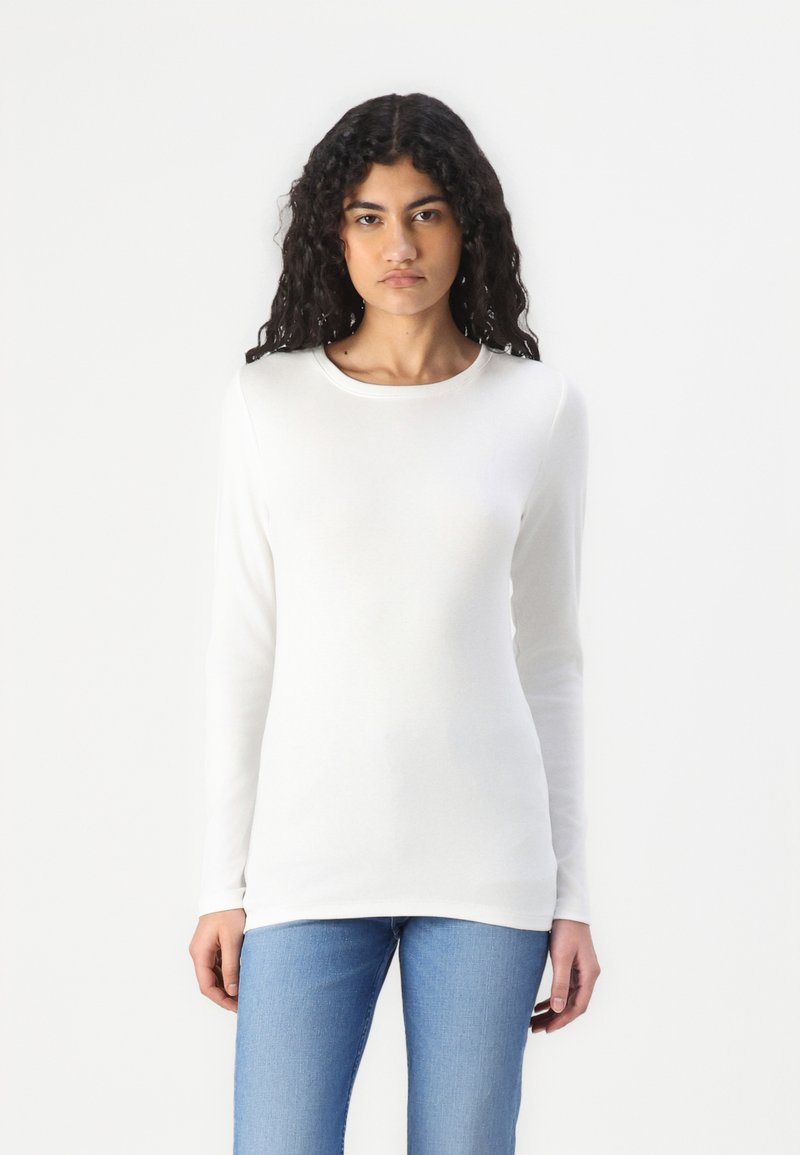 T-shirt bianca a maniche lunghe realizzata in tessuto morbido, con un colletto rotondo e una silhouette aderente, abbinata a jeans azzurri chiari.