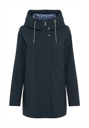 Dunkelblaue Damen-Regenjacke mit Kapuze, Frontreißverschluss, Druckknöpfen, verstellbarer Kordelzugkapuze und seitlichen Reißverschlusstaschen.