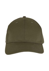 Olivno zelena bejzbol kapa iz bombaža, z okroglo krono, trdim vizirjem in šestim zračnimi odprtinami po vrhu.