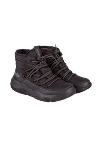 Stivali alla caviglia imbottiti neri con tessuto texturizzato, punta tonda, suola in gomma e lacci elastici. Logo visibile sul lato.