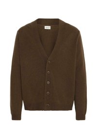 Brown wool cardigan with a v-neck, center buttons, and long sleeves. Soft texture and a simple design with no patterns or accents.