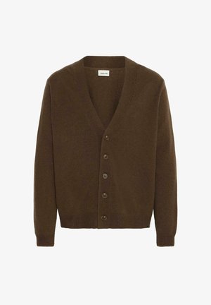 Brown wool cardigan with a v-neck, center buttons, and long sleeves. Soft texture and a simple design with no patterns or accents.