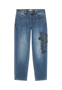 Blauwe denim jeans met een hoge taille en knoopsluiting, voorzien van een gedetailleerde donkere parel bloemenversiering op de rechterdij.