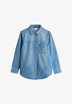 Light blue denim button-up shirt with collar, front chest pocket featuring Snoopy, and "Have a nice day" text on the left side.