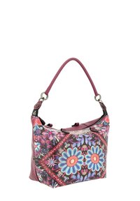 Borsa a spalla viola con ricami floreali, dotata di chiusura con zip e manico curvo. Tessuto testurizzato con dettagli vibranti in blu e rosa.