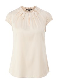 Light beige blouse with a gathered neckline, short cap sleeves, and a keyhole detail in the front. Smooth fabric with a slightly glossy finish.