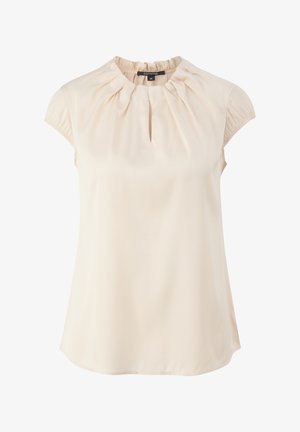 Jasnobeżowa bluzka z marszczonym dekoltem, krótkimi rękawkami w formie kapelusza i wycięciem w kształcie łezki z przodu. Gładki materiał o lekko połyskującym wykończeniu.