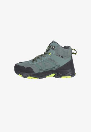 Hochschuh-Wanderschuhe in Dunkelgrau und Grün, mit wasserdichtem Design, strukturiertem Obermaterial, Mesh-Einsätzen und einer robusten Sohle mit hellen Akzenten.