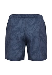 Marinblå shorts med en subtil strukturerad mönster och resårmidja. Har sidofickor och en design som slutar ovanför knäet.