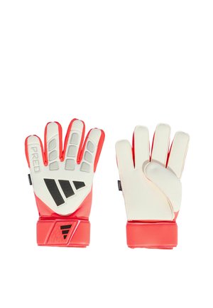 Guanti da portiere rossi e bianchi con logo Adidas nero, dita imbottite e cinturini regolabili al polso, mostrati da davanti e vista del palmo.