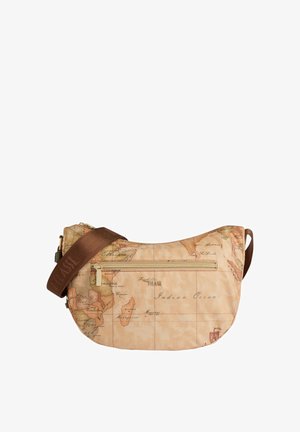 Borsa a tracolla con stampa mappa in beige con tracolla marrone, caratterizzata da una tasca con cerniera e tessuto dalla texture liscia. Contorni per una forma arrotondata.