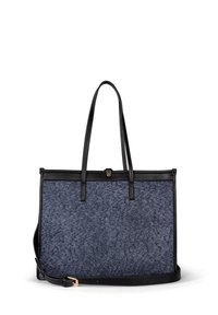 Tote-väska med en texturerad marinblå tygframsidan och svarta läderdetaljer. Har två axelremmar och en avtagbar rem för mångsidighet.