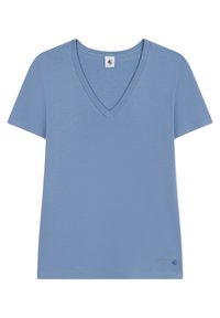 T-shirt azzurro chiaro a maniche corte con scollatura a V realizzato in tessuto morbido. Presenta un collo cucito e un piccolo logo in basso a sinistra.