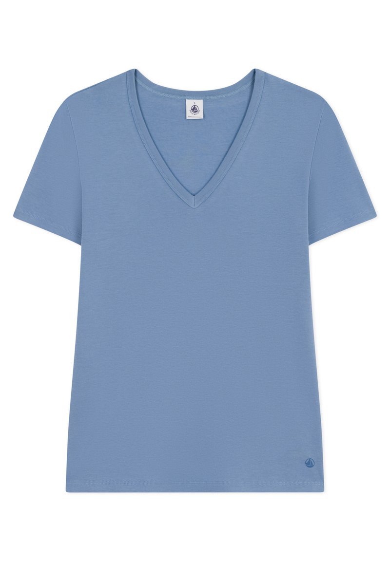 T-shirt azzurro chiaro a maniche corte con scollatura a V realizzato in tessuto morbido. Presenta un collo cucito e un piccolo logo in basso a sinistra.