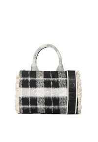 Geruite tas in zwart-wit, gemaakt van gestructureerde stof met rafelige randen. Voorzien van twee handvatten en een merkstreep aan de zijkant.