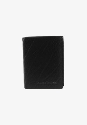 Black leather wallet with a textured surface, bi-fold design, and embossed brand name on the front. Compact and rectangular shape.