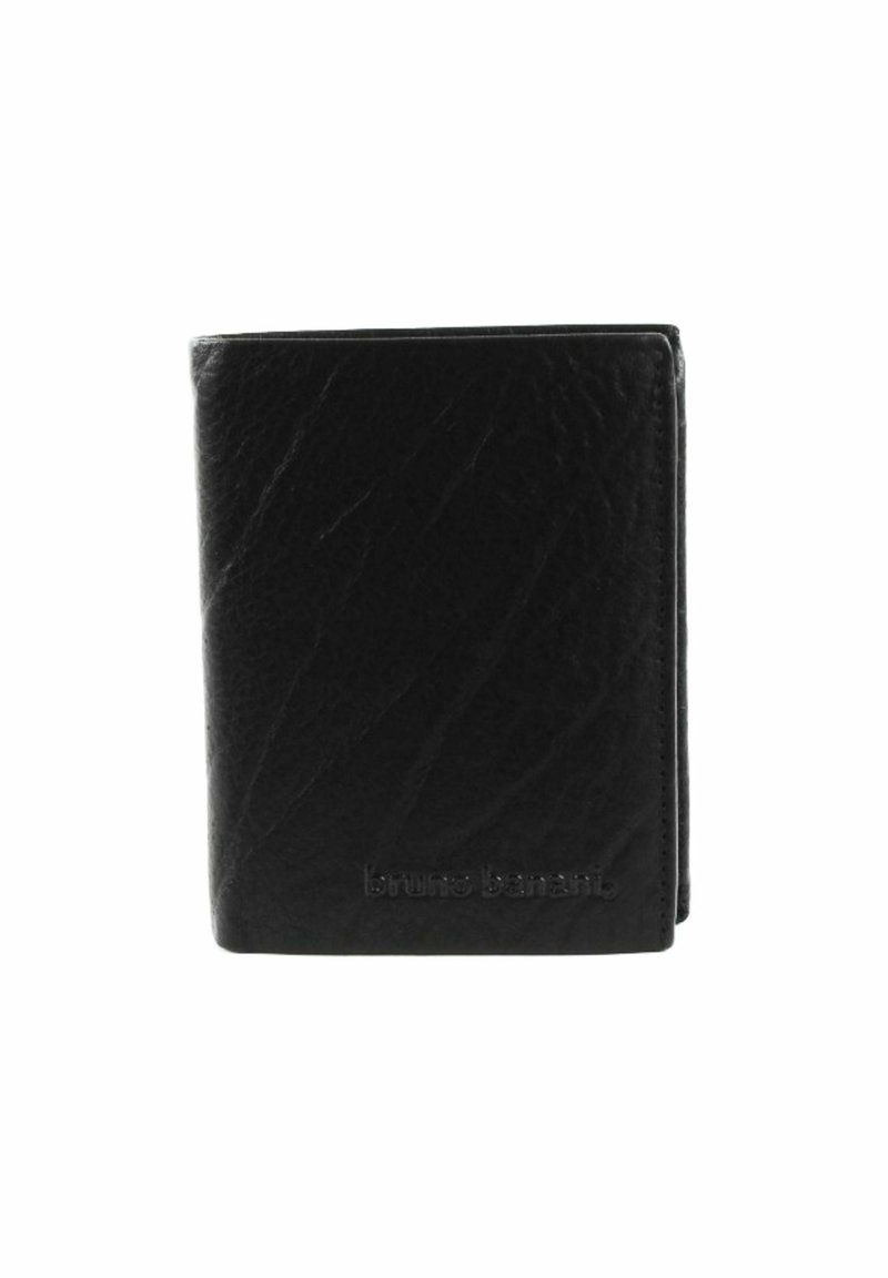 Portefeuille en cuir noir avec une surface texturée, design plié en deux et nom de la marque embossé à l'avant. Forme compacte et rectangulaire.