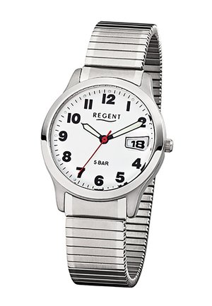Montre-bracelet en métal argenté avec cadran blanc, chiffres noirs, guichet de date à 3 heures, et aiguille des secondes rouge, affichant l'heure 10:10:35.