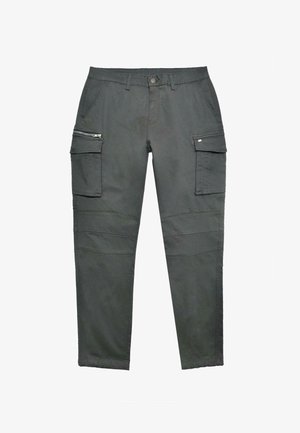 Cargo pants in dark gray cotton, featuring two side pockets, a zippered pocket on the right leg, and stitched panel details on the thighs.