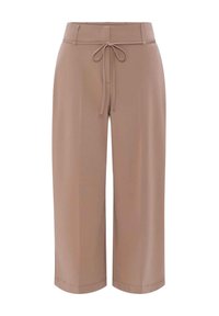 Pantalon beige droit taille haute avec un cordon noué à l'avant, présenté sur fond blanc.