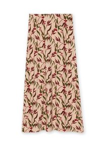 Falda midi de tela rosa claro con estampado floral. Presenta hojas verdes y flores rojas, con una cintura elástica para mayor comodidad.