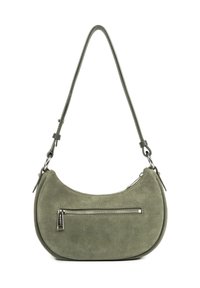 Borsa a tracolla in suede verde, dalla forma curva, con una tasca con zip sul davanti. Texture liscia con accessori in metallo argentato.