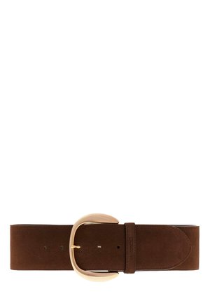Brown suede belt featuring a large gold-tone oval buckle, with a smooth texture and multiple adjustment holes for fit.