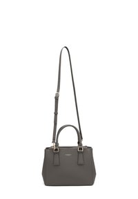 Borsa a tracolla in pelle grigia conciata con una forma strutturata, doppi manici superiori e una tracolla removibile. Presenta accessori in metallo colore oro.