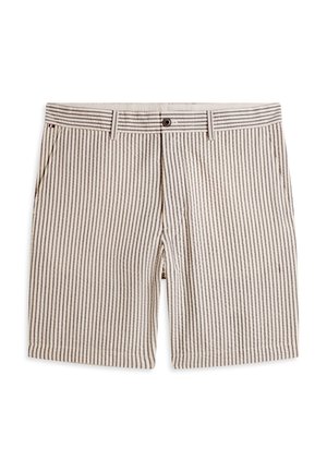 Pantaloncini beige con righe verticali marroni, chiusura con bottoni, passanti per cintura e tasche laterali, distesi su uno sfondo bianco.