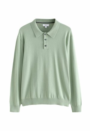 Vaaleanvihreä pitkähihaisen polo-neuleen, joka on valmistettu pehmeästä kankaasta. Siinä on kauluspaita ja kolmonen napituksesta. Ribbi hihansuut ja helma.