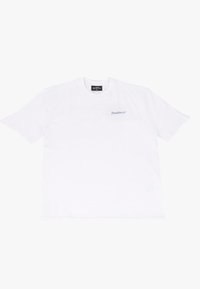 White cotton t-shirt with round neckline and short sleeves. Features a small blue logo "DropSize" on the left chest area.