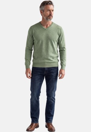 Mand med gråt hår og skæg iført en lysegrøn V-hals sweater, mørkeblå jeans og brune lædersko, står og kigger mod højre.