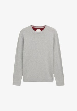 Pull gris à manches longues en mélange de coton. Col rond avec une doublure intérieure bordeaux contrastante. Poignets et ourlet côtelés. Design simple et sans ornements.